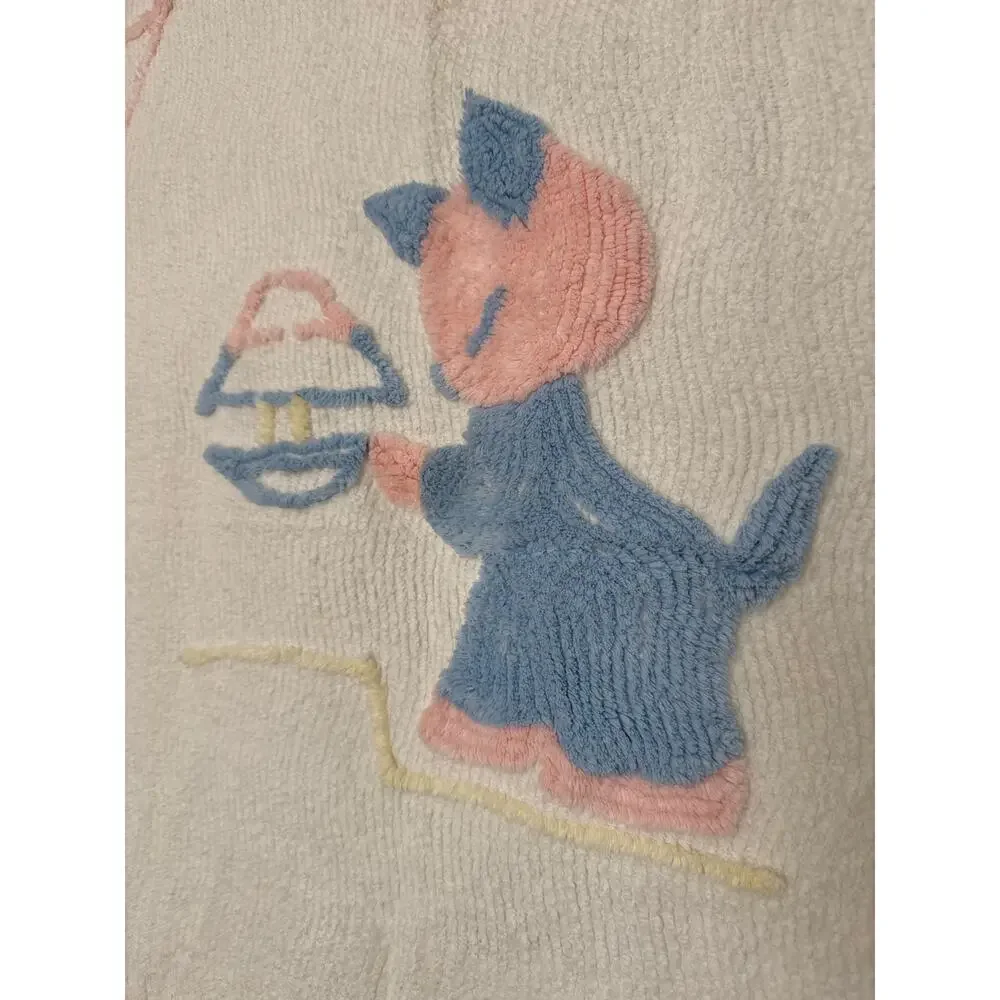 Vintage 1940s–1950s Baby Chenille Crib Blanket 40x61 Blue Pink Kitten Nursery
